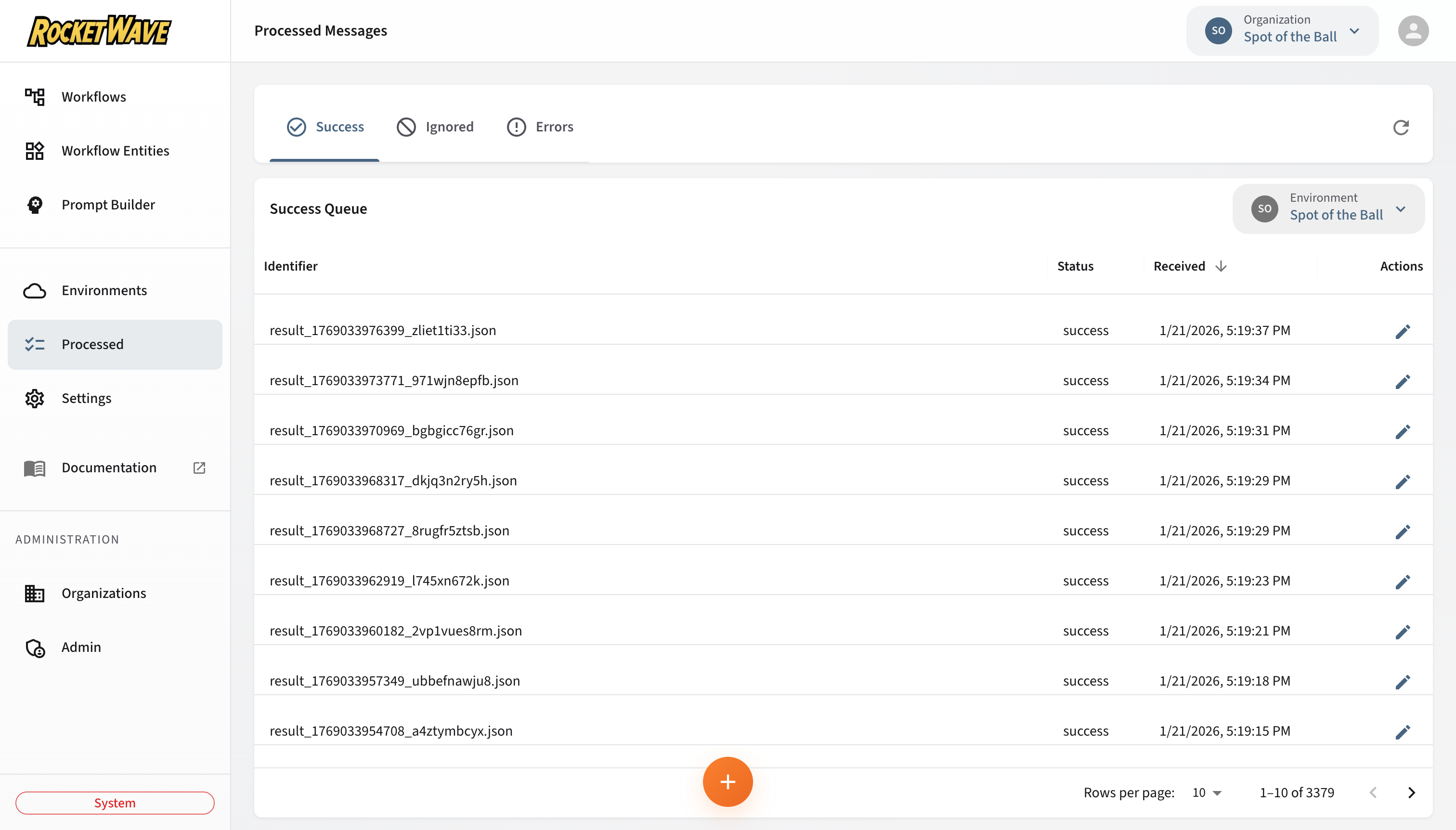 Processed Messages Screen