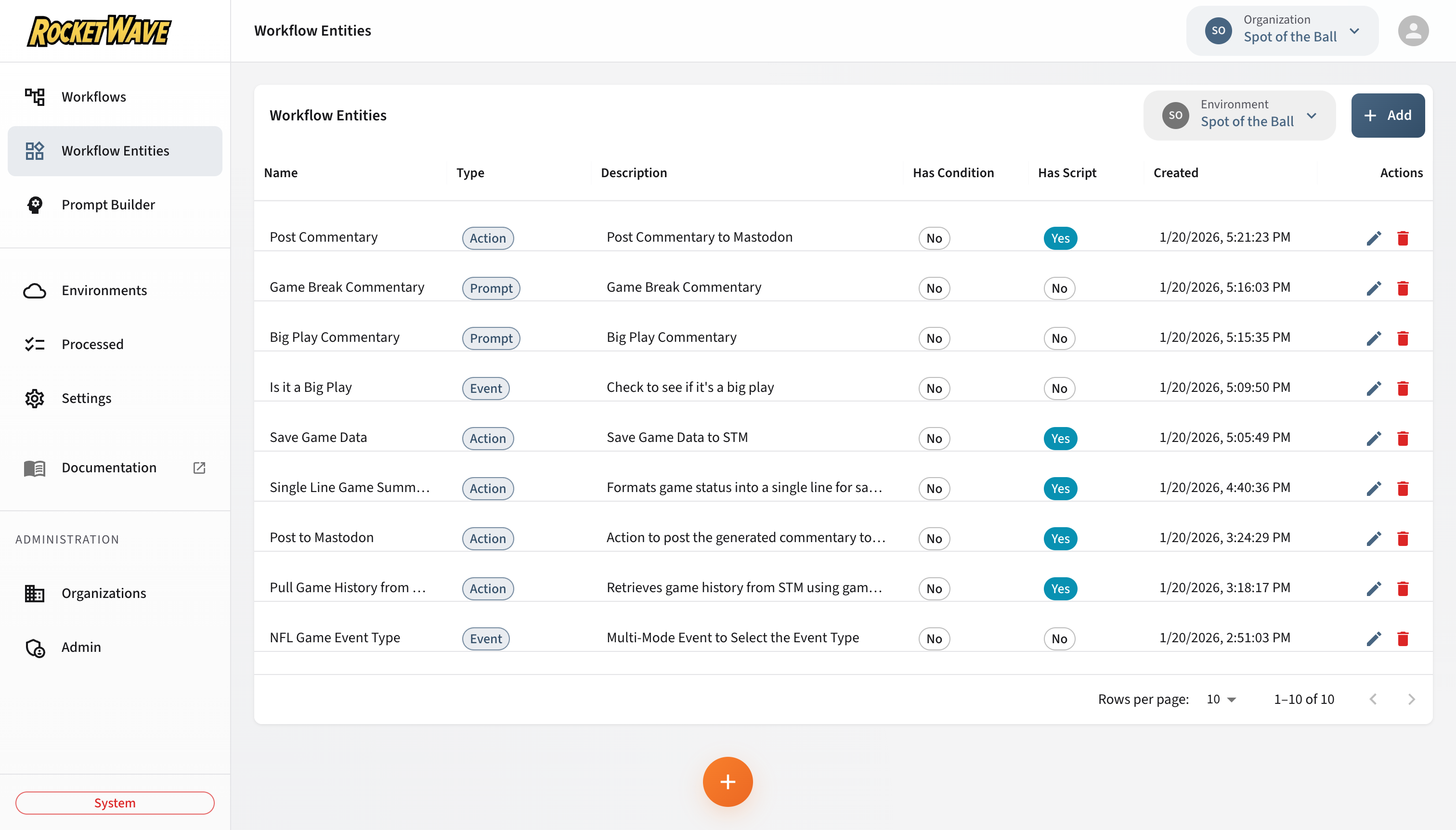 Workflow Entities Screen